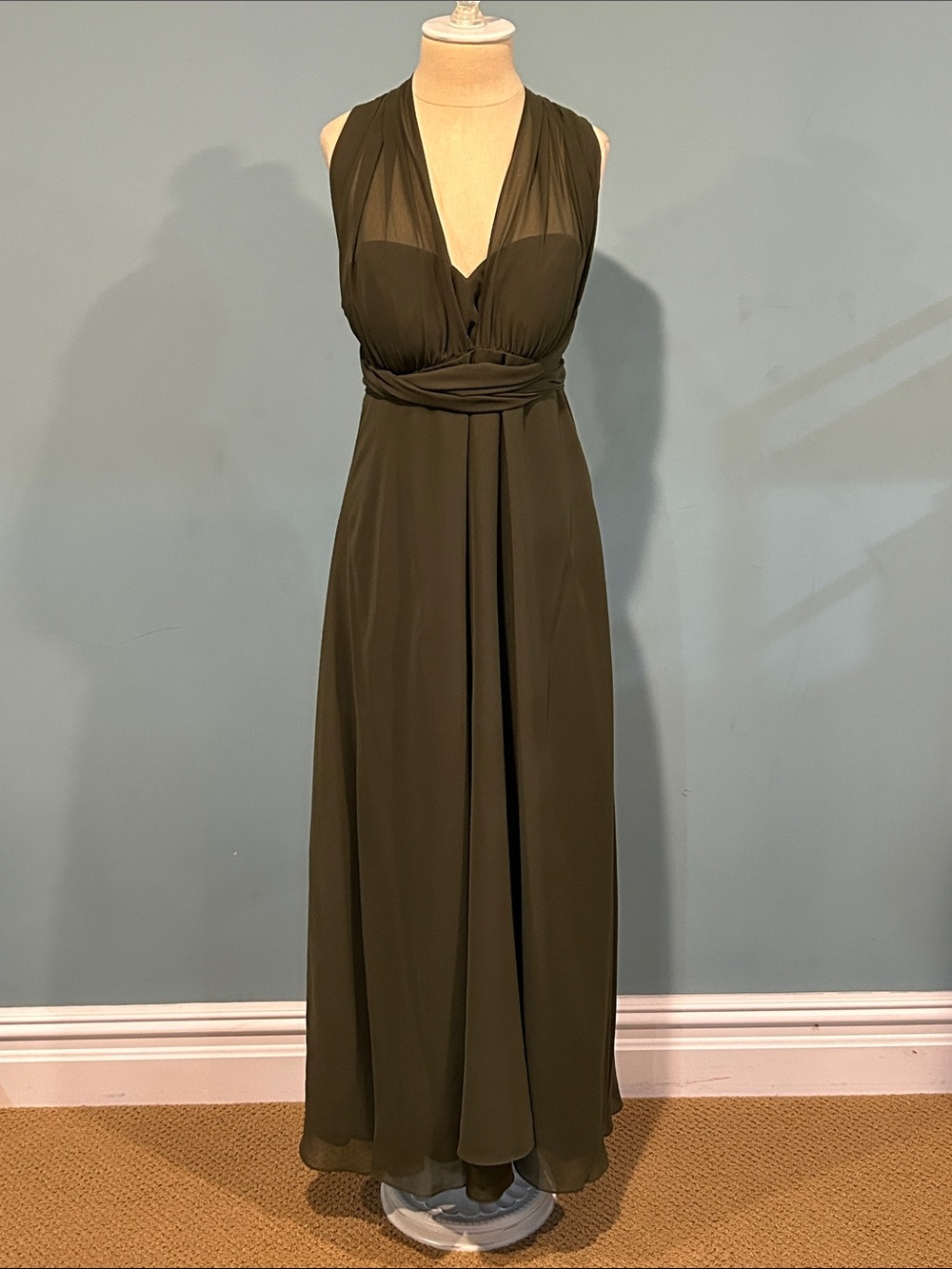 Revelry Devan Convertible Chiffon Dress sz 10 Olive Green Maxi Bridesmaid